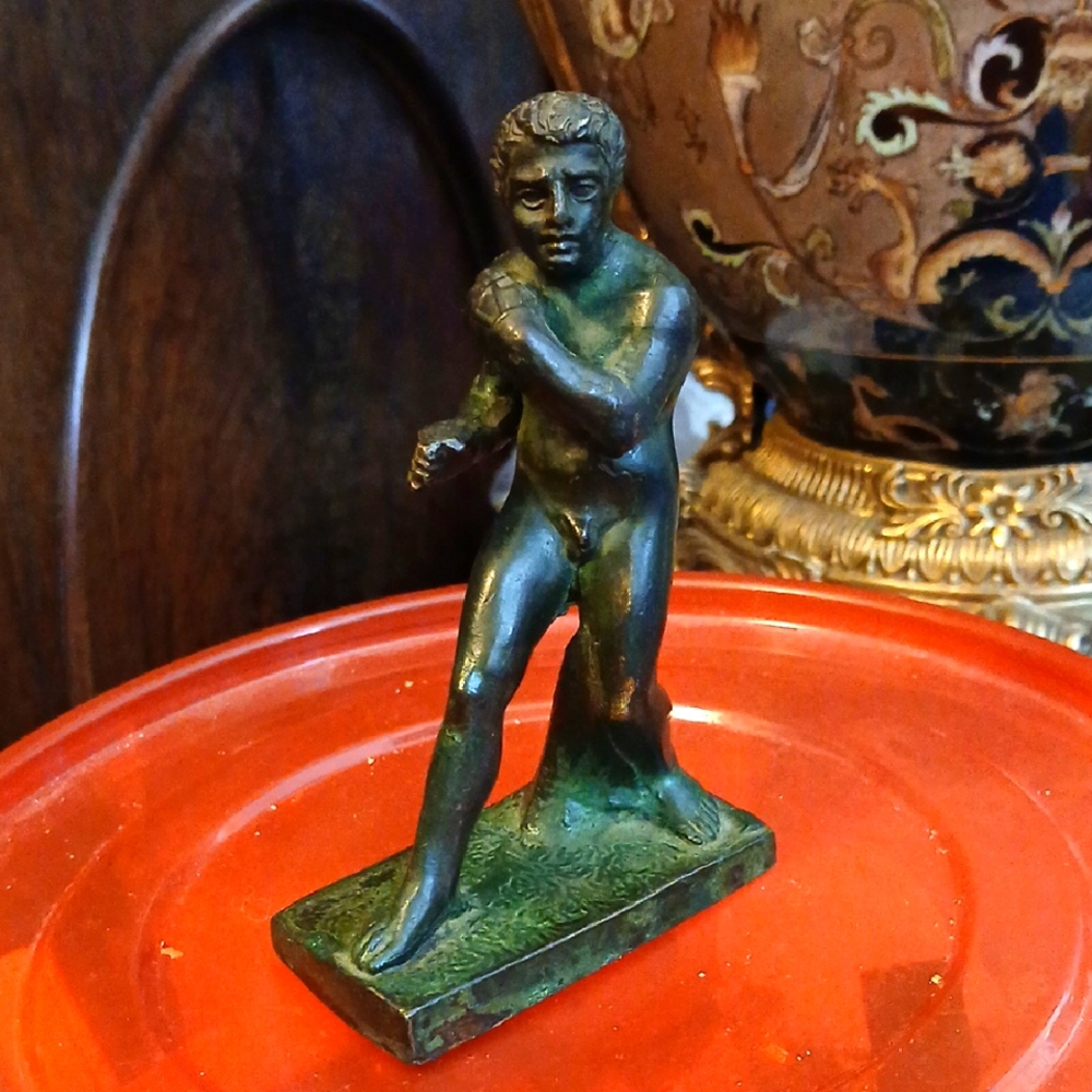 Bronze Nude Boxing Figurine - Green Patina, Made Italy